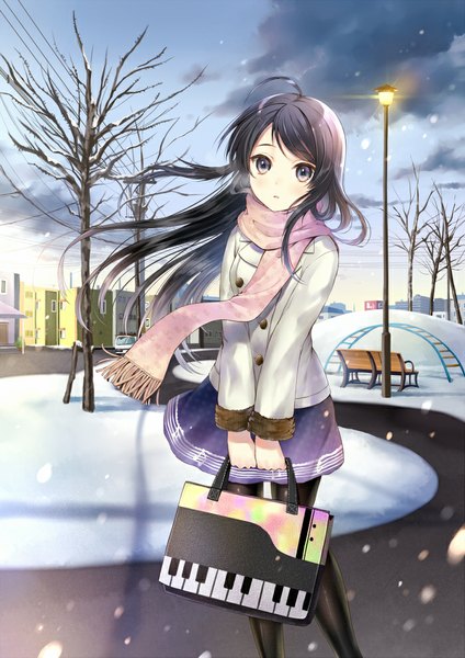 Anime picture 700x991 with original hanekoto single long hair tall image looking at viewer black hair brown eyes girl skirt plant (plants) tree (trees) jacket scarf bag