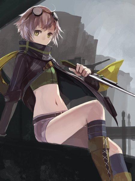Anime picture 2834x3778 with eiyuu densetsu falcom (studio) fie claussell swd3e2 single tall image looking at viewer fringe highres short hair brown hair sitting green eyes bent knee (knees) bare belly lacing rock fog girl navel