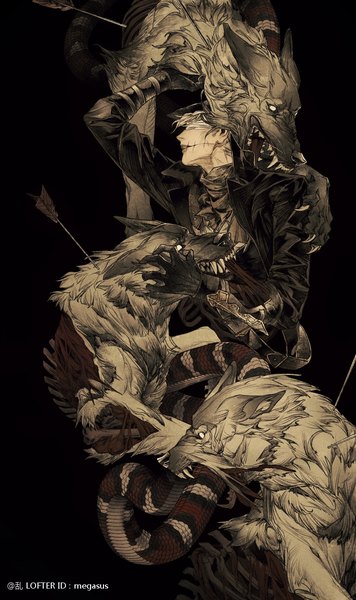 Anime picture 750x1265 with bloodborne from software hunter (bloodborne) megasus single tall image short hair black hair simple background signed arm up black background blindfold boy gloves animal arrow (arrows) wolf stitches