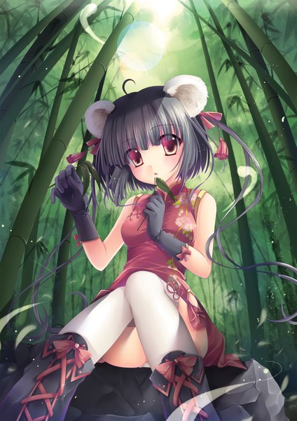 Anime picture 2894x4093 with original sousouman single tall image highres short hair light erotic black hair red eyes sitting animal ears absurdres ahoge lens flare chinese clothes pantyshot sitting nature lace-up boots bear ears girl