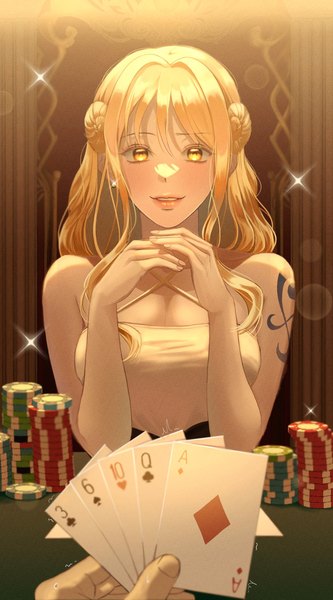 Anime picture 1135x2048 with one piece toei animation nami (one piece) sangja0505 single long hair tall image looking at viewer blush fringe breasts smile hair between eyes large breasts sitting upper body indoors parted lips orange hair sparkle
