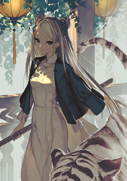 Anime picture 2444x3483 with original garuku single long hair tall image looking at viewer fringe highres blue eyes standing holding outdoors white hair long sleeves hair bun (hair buns) eyebrows clothes on shoulders sheathed girl dress