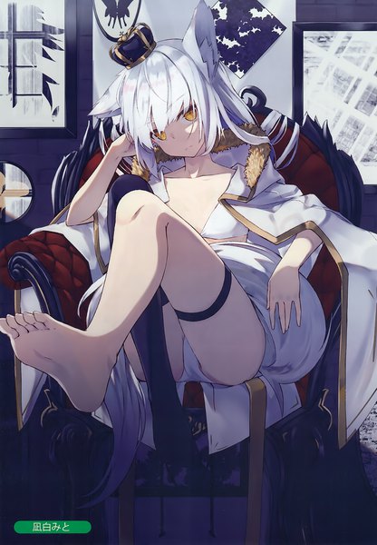 Anime picture 2088x3013 with melonbooks nagishiro mito single long hair tall image looking at viewer fringe highres light erotic hair between eyes signed animal ears payot silver hair full body bent knee (knees) indoors tail blunt bangs head tilt