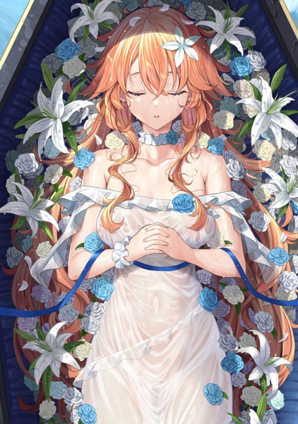 Anime picture 637x906 with virtual youtuber nijisanji otogibara era matanonki single long hair tall image fringe breasts light erotic hair between eyes large breasts bare shoulders payot lying eyes closed parted lips hair flower from above orange hair