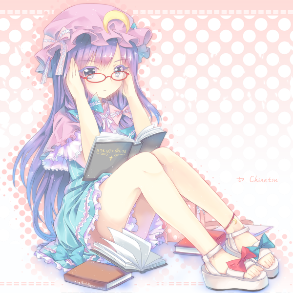 Anime picture 1280x1280 with touhou patchouli knowledge north abyssor single long hair looking at viewer sitting purple hair grey eyes crescent girl dress bow glasses book (books) bonnet sandals moon (symbol)