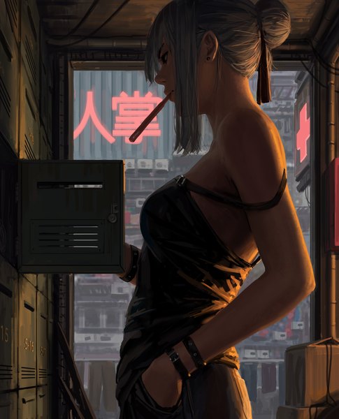 Anime picture 4711x5832 with original guweiz single tall image fringe highres short hair breasts standing holding brown eyes payot absurdres silver hair upper body profile realistic hair bun (hair buns) mouth hold hieroglyph