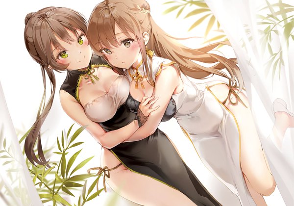 Anime picture 1641x1149 with original anmi long hair looking at viewer blush fringe breasts light erotic smile brown hair standing multiple girls brown eyes green eyes cleavage ponytail traditional clothes dutch angle standing on one leg chinese clothes