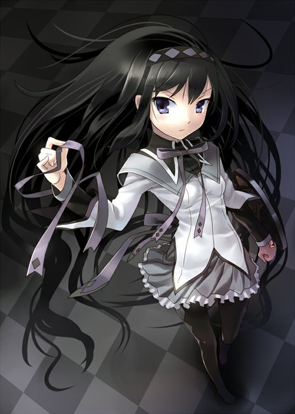 Anime picture 714x1000 with mahou shoujo madoka magica shaft (studio) akemi homura katahira masashi single tall image looking at viewer black hair purple eyes very long hair checkered floor girl skirt ribbon (ribbons) miniskirt pantyhose frills hairband