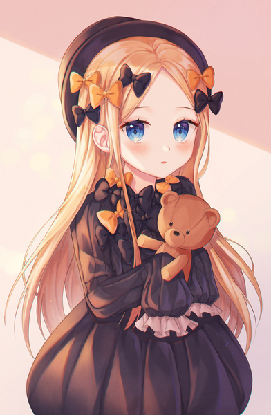 Anime picture 3209x4905 with fate (series) fate/grand order abigail williams (fate) monjja single long hair tall image looking at viewer blush fringe highres blue eyes simple background blonde hair standing holding absurdres long sleeves hands in sleeves girl