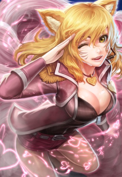 Anime picture 960x1387 with league of legends ahri (league of legends) popstar ahri (league of legends) goomrrat single long hair tall image fringe breasts light erotic blonde hair large breasts animal ears yellow eyes one eye closed light smile lips lipstick facial mark fox girl
