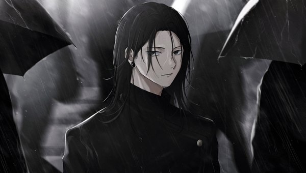 Anime picture 4079x2314 with jujutsu kaisen mappa getou suguru hama m long hair looking at viewer highres black hair wide image absurdres outdoors black eyes wet solo focus rain expressionless boy umbrella