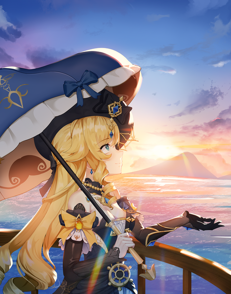 Anime picture 2746x3500 with genshin impact navia (genshin impact) agm single long hair tall image highres breasts blue eyes light erotic blonde hair smile standing bare shoulders looking away sky cloud (clouds) profile drill hair evening