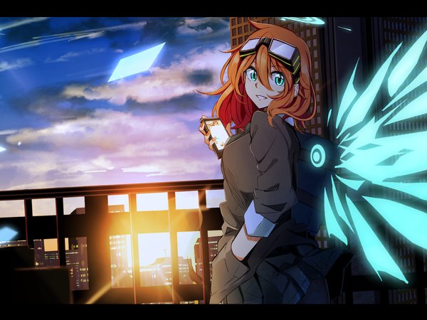 Anime picture 1600x1200 with original amano tora kazenoko single looking at viewer fringe short hair smile hair between eyes wide image standing holding cloud (clouds) upper body ahoge outdoors nail polish parted lips pleated skirt looking back
