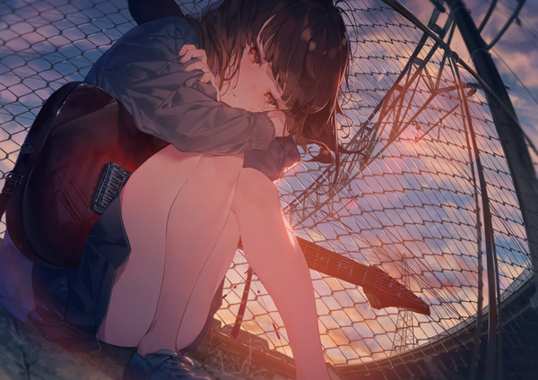 Anime picture 2000x1414 with original hotosoka (user nxja5583) single looking at viewer fringe highres short hair light erotic brown hair sitting sky cloud (clouds) outdoors blunt bangs bare legs orange eyes tears evening reflection crying