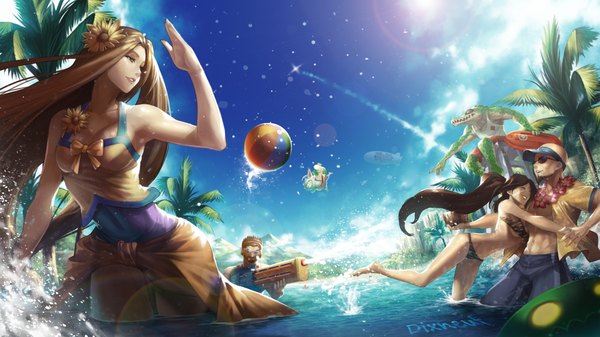 Anime picture 1920x1080 with league of legends nidalee (league of legends) leona (league of legends) lee sin (league of legends) zac (league of legends) renekton (league of legends) graves (league of legends) ziggs (league of legends) pool party leona eirashard dixneuf long hair highres smile brown hair wide image multiple girls signed looking away cloud (clouds)