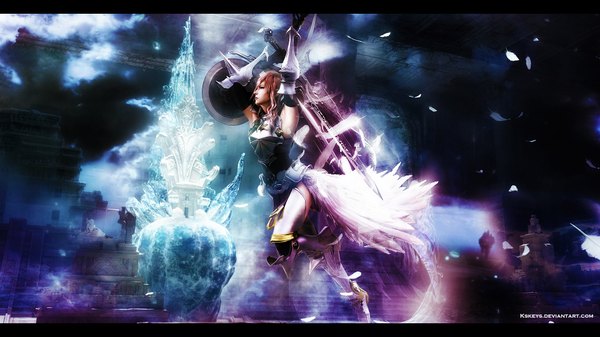 Anime picture 1920x1080 with final fantasy square enix lightning farron single long hair highres wide image pink hair armpit (armpits) girl gloves weapon armor feather (feathers) shield thorns