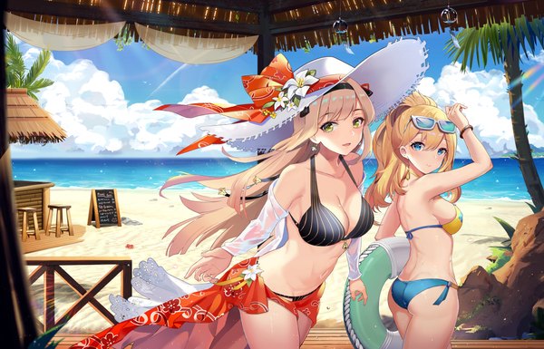 Anime picture 4548x2919 with final gear taysia graft (final gear) margaret (final gear) l.bou long hair looking at viewer blush fringe highres breasts open mouth blue eyes light erotic blonde hair smile hair between eyes large breasts standing bare shoulders multiple girls