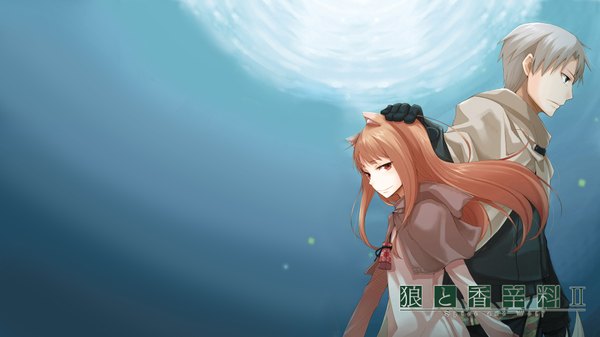 Anime picture 1920x1080 with spice and wolf horo craft lawrence ayakura juu long hair highres blue eyes smile red eyes brown hair wide image animal ears wolf ears wolf tail wolf girl girl boy gloves cloak