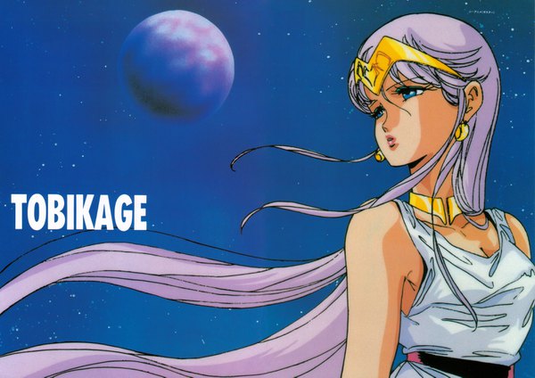 Anime picture 3200x2265 with ninja senshi tobikage romina ladorio hirano toshihiro single fringe highres breasts blue eyes standing looking away absurdres purple hair upper body very long hair parted lips wind scan night night sky copyright name