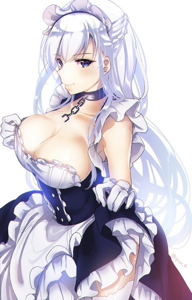 Anime picture 750x1170 with azur lane belfast (azur lane) yu yu single long hair tall image looking at viewer blush fringe breasts blue eyes light erotic simple background smile hair between eyes large breasts standing white background signed cleavage