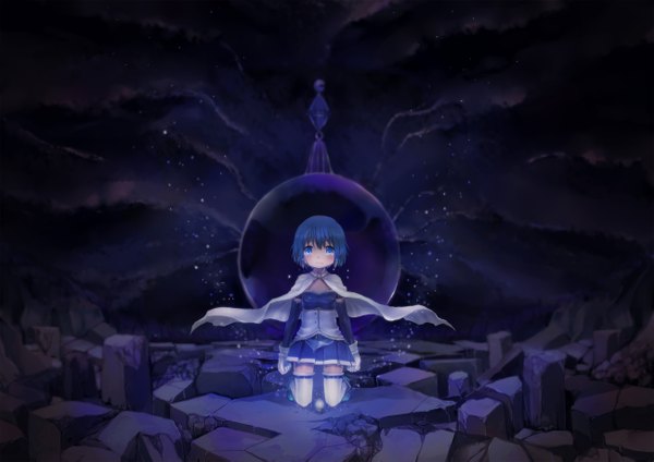 Anime picture 2600x1838 with mahou shoujo madoka magica shaft (studio) miki sayaka suzushiro sayu blush highres short hair blue eyes blue hair sky cloud (clouds) night tears kneeling crying ruins girl thighhighs gloves cloak