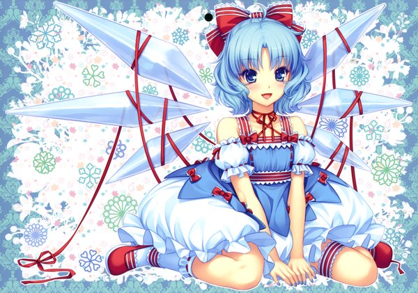 Anime picture 4664x3279 with touhou cirno sayori single highres short hair open mouth blue eyes blue hair absurdres girl bow ribbon (ribbons) hair bow wings snowflake (snowflakes) crystal