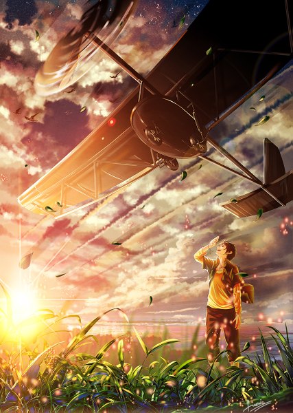Anime picture 855x1200 with original fusui single tall image short hair brown hair brown eyes sky cloud (clouds) wind sunlight lens flare looking up boy plant (plants) animal jacket sea bird (birds) leaf (leaves)