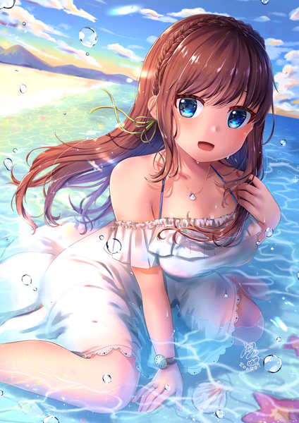 Anime picture 1300x1839 with original moe2020 michiru donut single long hair tall image looking at viewer blush fringe open mouth blue eyes smile hair between eyes brown hair sitting bare shoulders payot sky cloud (clouds) outdoors
