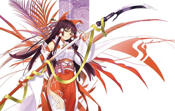 Anime picture 1200x764 with touhou hakurei reimu tsurukame single long hair looking at viewer fringe breasts simple background standing white background holding purple hair traditional clothes from below alternate costume legs traditional media girl hair ornament
