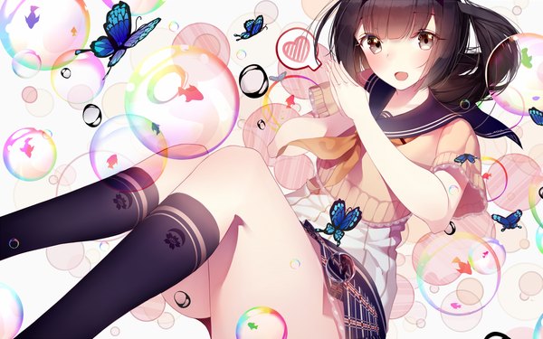 Anime picture 1600x1000 with kantai collection akizuki destroyer atha (leejuiping) single long hair looking at viewer blush open mouth light erotic black hair brown eyes girl skirt uniform school uniform animal socks insect black socks butterfly