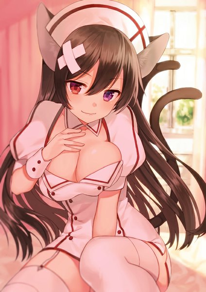 Anime picture 566x800 with original midorikawa you single long hair tall image blush fringe breasts light erotic smile brown hair large breasts sitting animal ears cleavage indoors tail animal tail cat ears cat tail