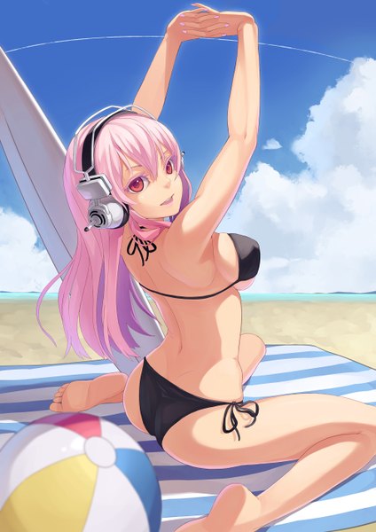 Anime picture 2000x2828 with nitroplus super sonico fkey long hair tall image highres open mouth light erotic red eyes sitting pink hair cloud (clouds) arms up beach back arched back girl swimsuit bikini headphones