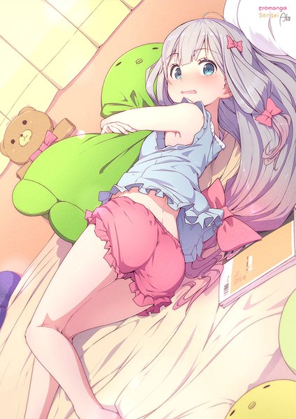 Anime picture 707x1000 with eromanga sensei a-1 pictures izumi sagiri azumi akitake single long hair tall image looking at viewer blush fringe open mouth blue eyes light erotic bare shoulders ahoge ass indoors lying blunt bangs looking back