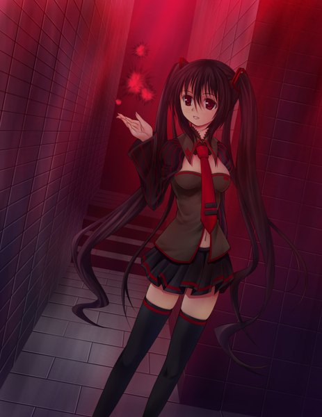 Anime picture 1110x1436 with vocaloid zatsune miku single long hair tall image fringe open mouth black hair red eyes twintails alternate color girl thighhighs skirt navel necktie