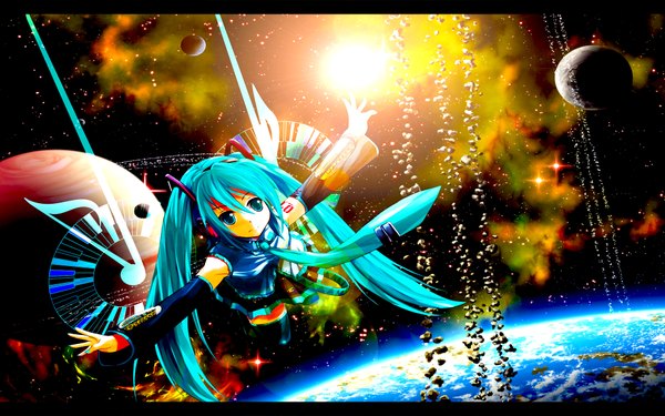 Anime picture 1920x1200 with vocaloid hatsune miku single long hair highres wide image twintails bare shoulders aqua eyes aqua hair tattoo spread arms flying space girl thighhighs skirt black thighhighs detached sleeves necktie