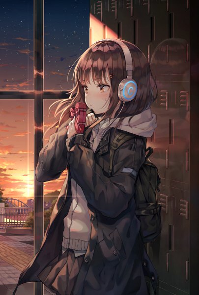 Anime picture 810x1200 with original huwari (dnwls3010) single long hair tall image blush fringe brown hair holding brown eyes looking away cloud (clouds) indoors blunt bangs long sleeves pleated skirt night open clothes night sky evening