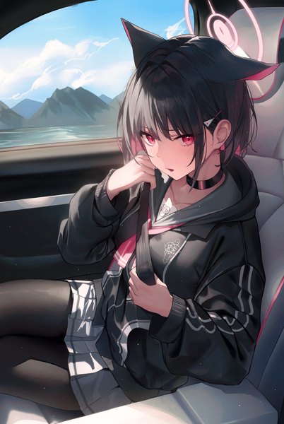 Anime picture 3526x5264 with blue archive kazusa (blue archive) kerno single tall image looking at viewer blush fringe highres short hair open mouth black hair red eyes sitting animal ears absurdres sky cloud (clouds) blunt bangs long sleeves