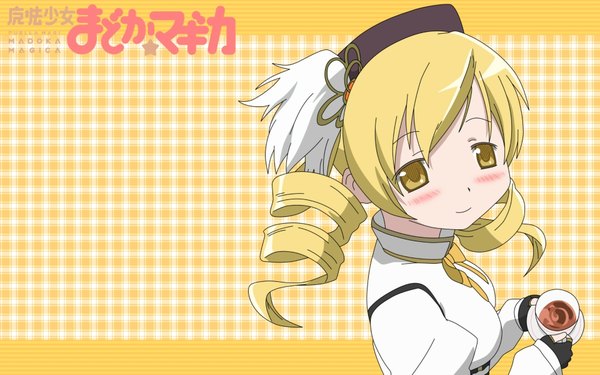 Anime picture 1920x1200 with mahou shoujo madoka magica shaft (studio) tomoe mami single blush highres blonde hair wide image yellow eyes drill hair pale skin girl hat cup