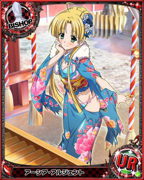 Anime picture 640x800 with highschool dxd asia argento single long hair tall image blush light erotic blonde hair green eyes traditional clothes japanese clothes torn clothes card (medium) girl hair ornament swimsuit bikini kimono obi