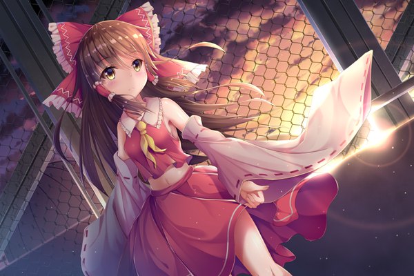 Anime picture 3000x2000 with touhou hakurei reimu siyuan9629 single long hair blush fringe highres hair between eyes brown hair standing bare shoulders yellow eyes looking away sky cloud (clouds) traditional clothes japanese clothes wind sunlight