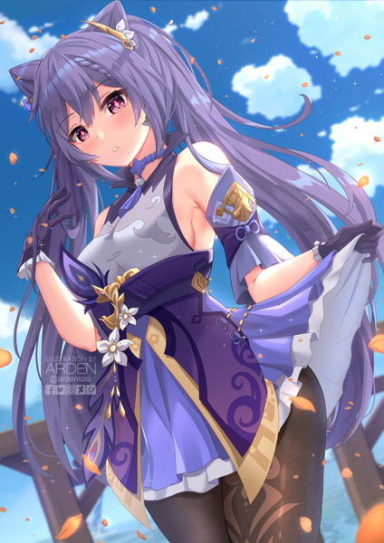 Anime picture 842x1191 with genshin impact keqing (genshin impact) ardenlolo single long hair tall image looking at viewer blush fringe light erotic hair between eyes red eyes standing twintails bare shoulders sky purple hair cloud (clouds) outdoors parted lips