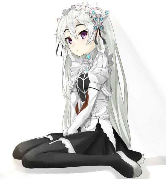 Anime picture 1000x1081 with hitsugi no chaika studio bones chaika trabant isshiki (ffmania7) single long hair tall image looking at viewer white background sitting purple eyes white hair girl dress hair ornament headdress thigh boots butterfly hair ornament