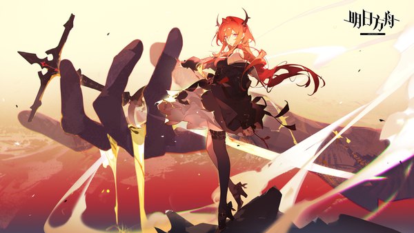 Anime picture 1920x1080 with arknights surtr (arknights) ask (askzy) single long hair looking at viewer fringe highres breasts hair between eyes wide image standing purple eyes full body red hair horn (horns) off shoulder open jacket official art high heels