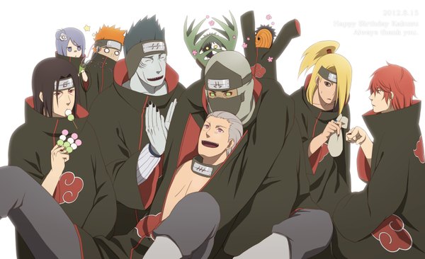 Anime picture 1600x978 with naruto studio pierrot naruto (series) uchiha itachi uchiha obito tobi deidara sasori pain (naruto) konan hidan deva path hoshigaki kisame kakuzu zetsu long hair looking at viewer short hair open mouth blue eyes