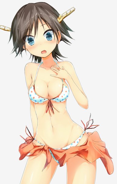 Anime picture 1000x1563 with kantai collection hiei battleship sune (mugendai) single tall image blush short hair breasts open mouth blue eyes light erotic simple background brown hair grey background polka dot remodel (kantai collection) girl swimsuit bikini pareo