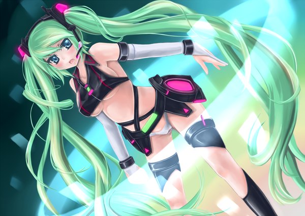 Anime picture 1536x1086 with vocaloid hatsune miku long hair blush breasts open mouth blue eyes light erotic twintails bare shoulders very long hair green hair midriff girl underwear panties microphone