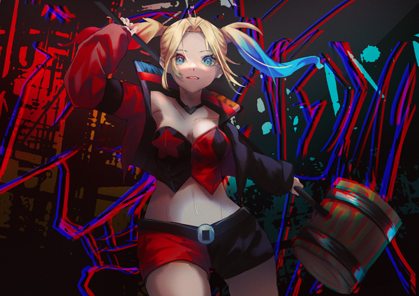 Anime picture 1637x1158 with batman dc comics harley queen mapo nk single long hair looking at viewer fringe breasts blue eyes blonde hair standing twintails holding payot cleavage parted lips multicolored hair arm up open jacket