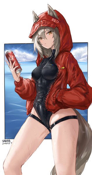 Anime picture 2519x4790 with arknights projekt red (arknights) projekt red (light breeze) (arknights) sawkm single long hair tall image looking at viewer fringe highres breasts light erotic hair between eyes standing holding signed yellow eyes sky cloud (clouds) long sleeves