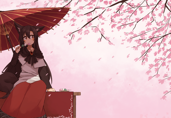 Anime picture 2160x1488 with touhou imaizumi kagerou kaginoni single long hair looking at viewer fringe highres hair between eyes brown hair sitting brown eyes animal ears tail long sleeves animal tail gradient background pink background wolf ears wolf tail