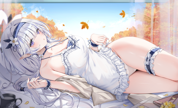 Anime picture 5775x3527 with blue archive himari (blue archive) arlene (ju) single long hair looking at viewer blush highres open mouth blue eyes light erotic wide image absurdres white hair indoors lying hair flower pointy ears mole depth of field